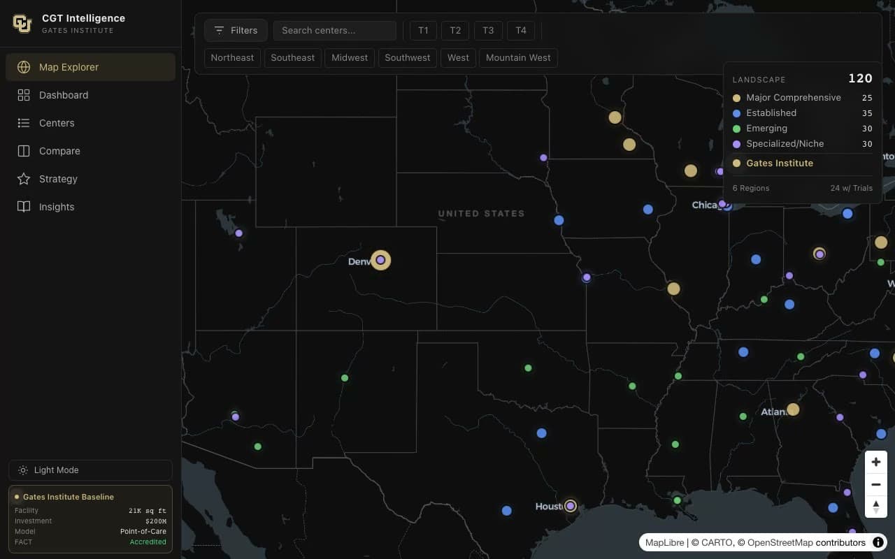 The CGT Intelligence Dashboard: cell-and-gene-therapy centers plotted on a map